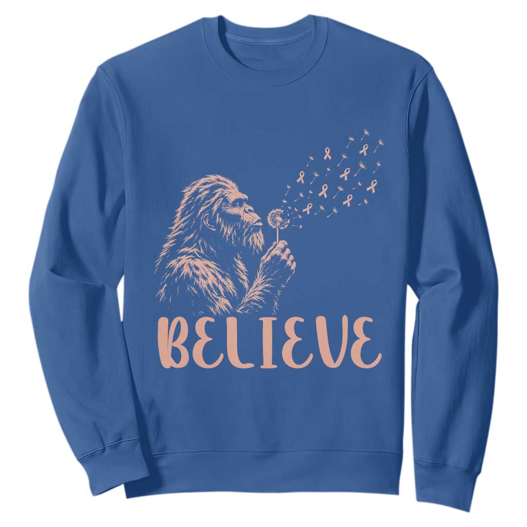 Funny Bigfoot Blowing Dandelion Flower Graphic Sweatshirt Believe Endometrial Cancer