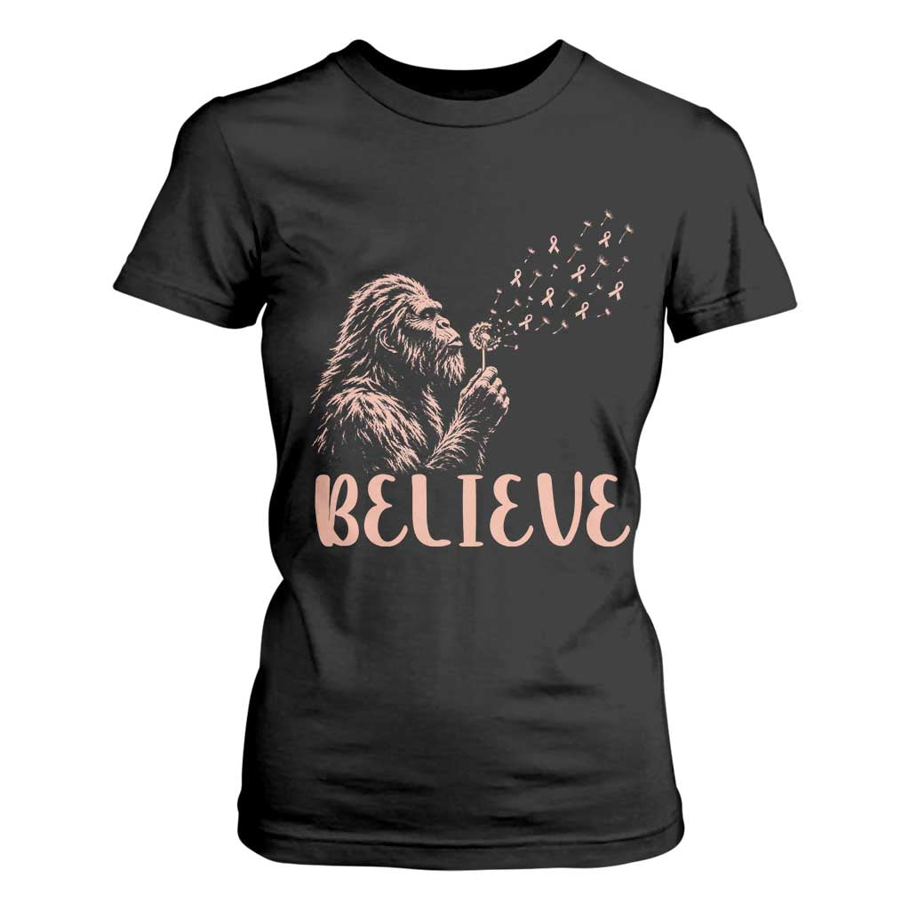 Funny Bigfoot Blowing Dandelion Flower Graphic T Shirt For Women Believe Endometrial Cancer