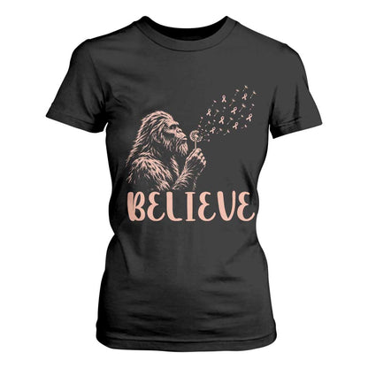 Funny Bigfoot Blowing Dandelion Flower Graphic T Shirt For Women Believe Endometrial Cancer