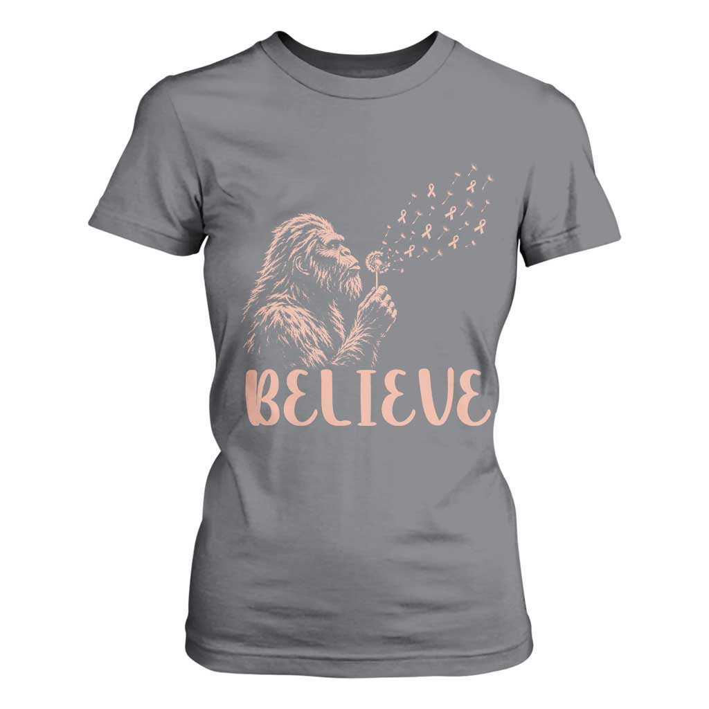 Funny Bigfoot Blowing Dandelion Flower Graphic T Shirt For Women Believe Endometrial Cancer