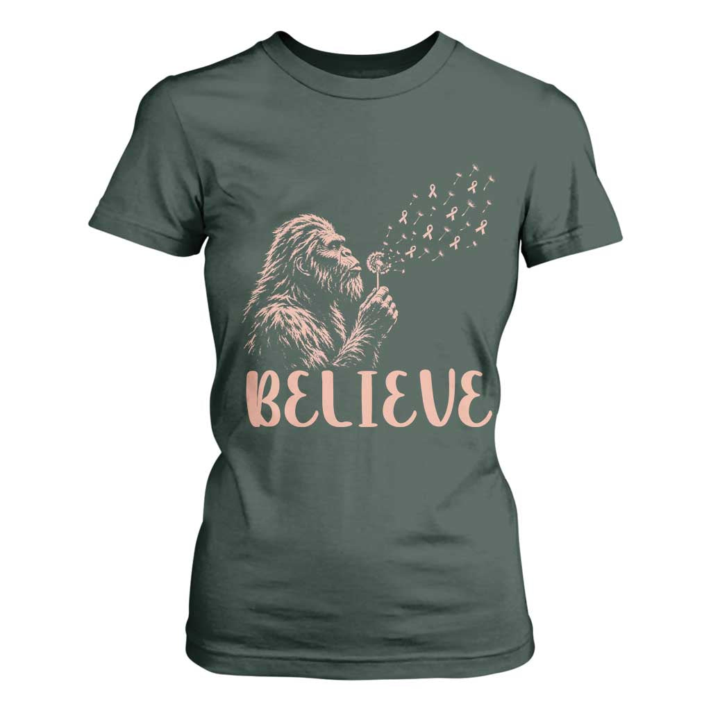 Funny Bigfoot Blowing Dandelion Flower Graphic T Shirt For Women Believe Endometrial Cancer