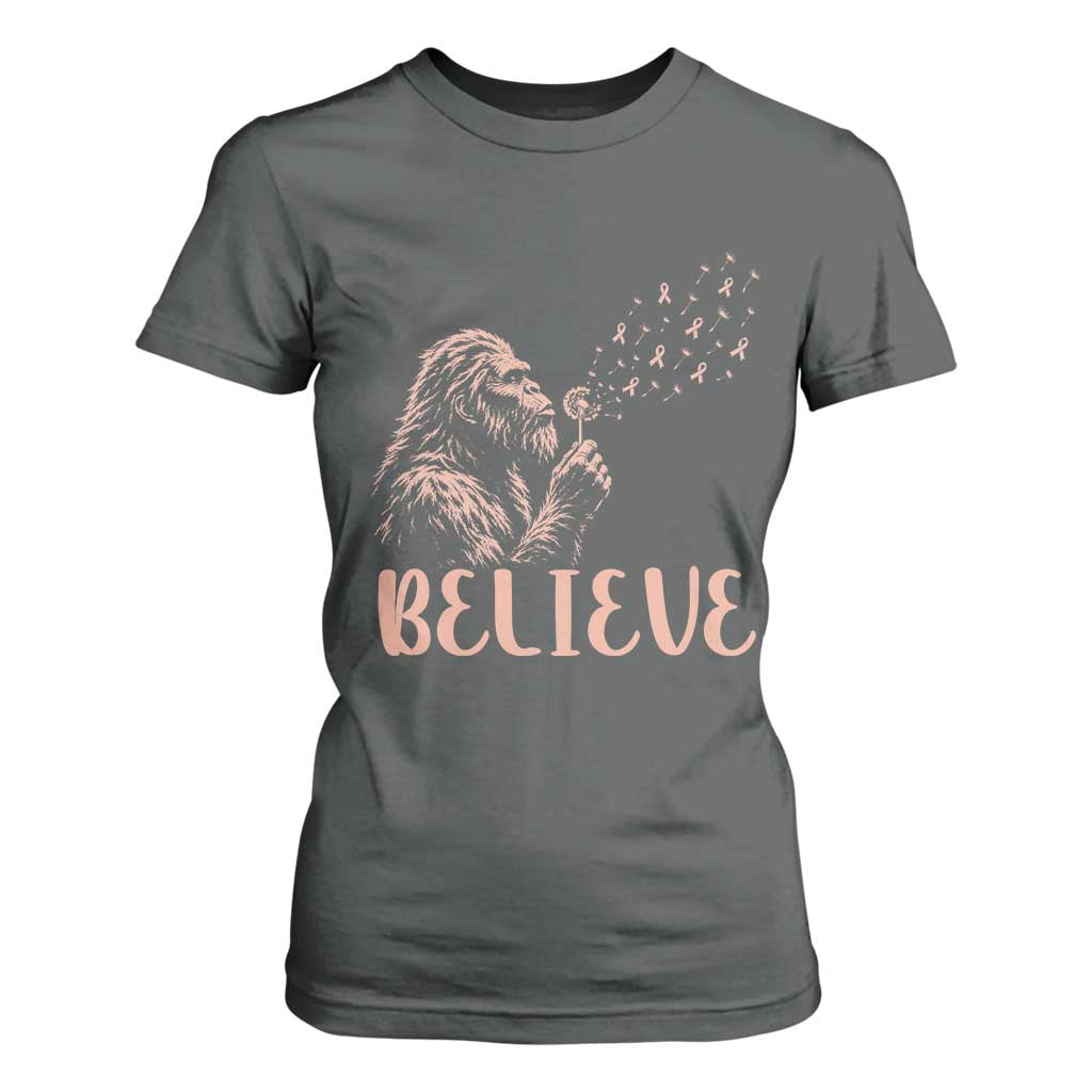 Funny Bigfoot Blowing Dandelion Flower Graphic T Shirt For Women Believe Endometrial Cancer
