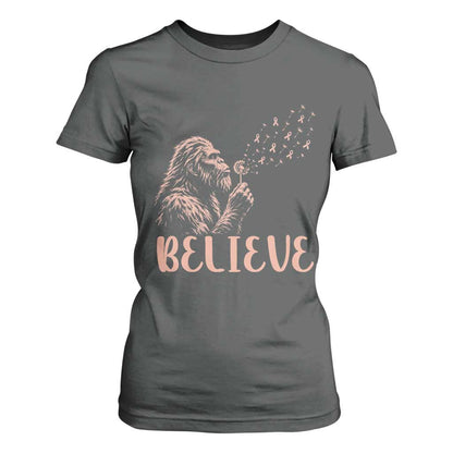Funny Bigfoot Blowing Dandelion Flower Graphic T Shirt For Women Believe Endometrial Cancer