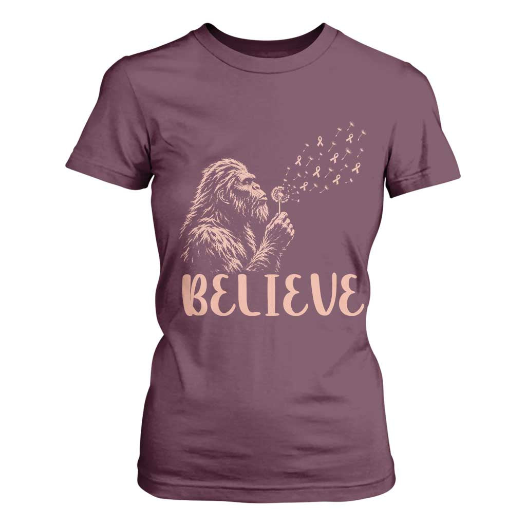 Funny Bigfoot Blowing Dandelion Flower Graphic T Shirt For Women Believe Endometrial Cancer
