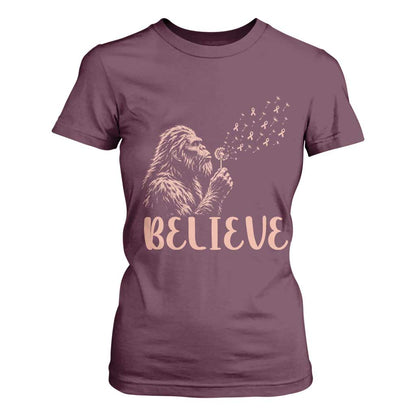 Funny Bigfoot Blowing Dandelion Flower Graphic T Shirt For Women Believe Endometrial Cancer