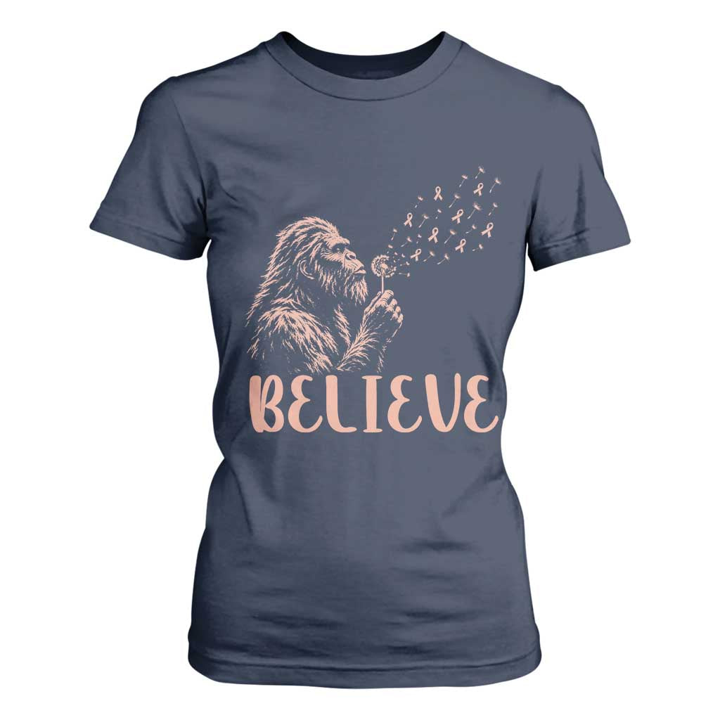 Funny Bigfoot Blowing Dandelion Flower Graphic T Shirt For Women Believe Endometrial Cancer