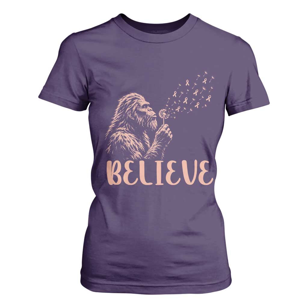 Funny Bigfoot Blowing Dandelion Flower Graphic T Shirt For Women Believe Endometrial Cancer
