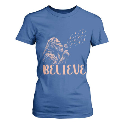 Funny Bigfoot Blowing Dandelion Flower Graphic T Shirt For Women Believe Endometrial Cancer