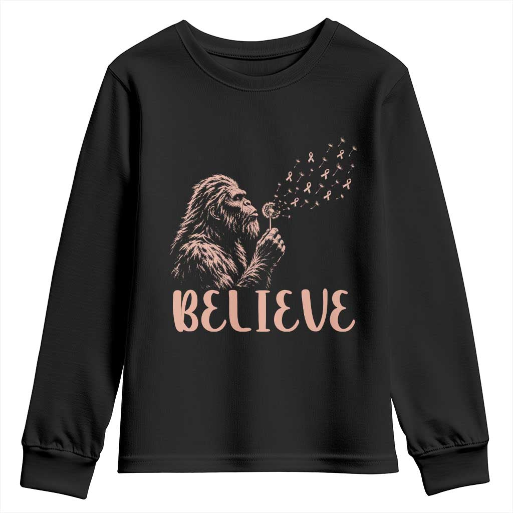 Funny Bigfoot Blowing Dandelion Flower Graphic Youth Sweatshirt Believe Endometrial Cancer