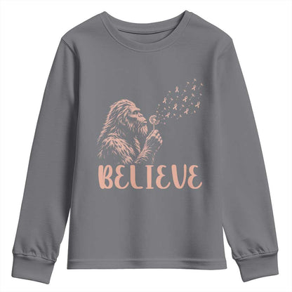 Funny Bigfoot Blowing Dandelion Flower Graphic Youth Sweatshirt Believe Endometrial Cancer