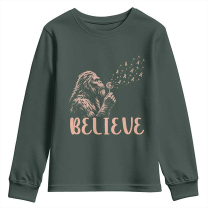 Funny Bigfoot Blowing Dandelion Flower Graphic Youth Sweatshirt Believe Endometrial Cancer