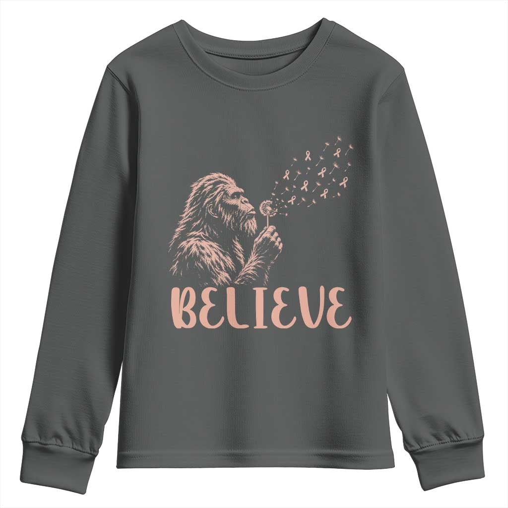 Funny Bigfoot Blowing Dandelion Flower Graphic Youth Sweatshirt Believe Endometrial Cancer