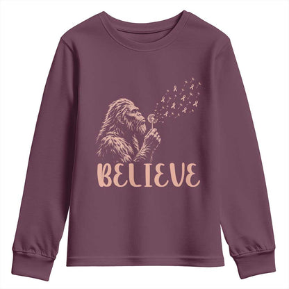 Funny Bigfoot Blowing Dandelion Flower Graphic Youth Sweatshirt Believe Endometrial Cancer