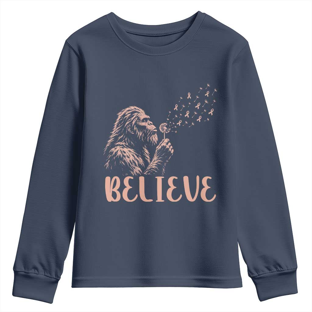 Funny Bigfoot Blowing Dandelion Flower Graphic Youth Sweatshirt Believe Endometrial Cancer