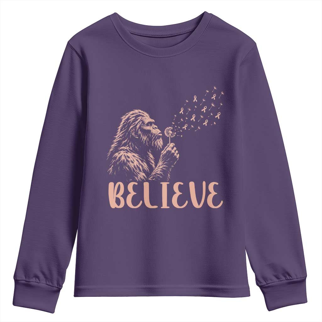 Funny Bigfoot Blowing Dandelion Flower Graphic Youth Sweatshirt Believe Endometrial Cancer