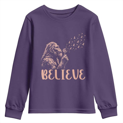 Funny Bigfoot Blowing Dandelion Flower Graphic Youth Sweatshirt Believe Endometrial Cancer