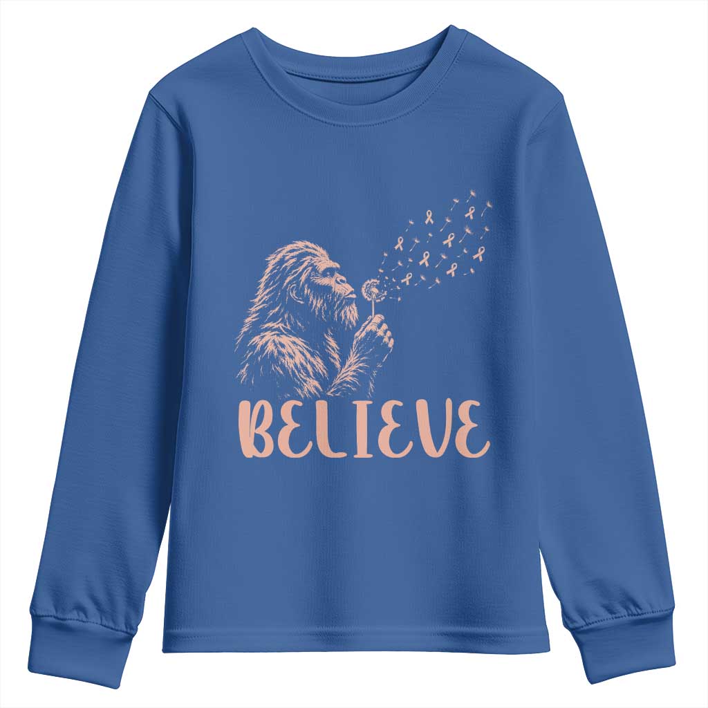 Funny Bigfoot Blowing Dandelion Flower Graphic Youth Sweatshirt Believe Endometrial Cancer