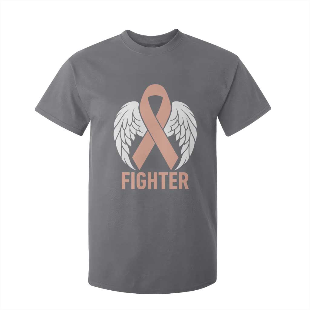 Endometrial Cancer Fighter T Shirt For Kid Peach Ribbon Angel Wings Survivor