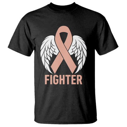Endometrial Cancer Fighter T Shirt Peach Ribbon Angel Wings Survivor