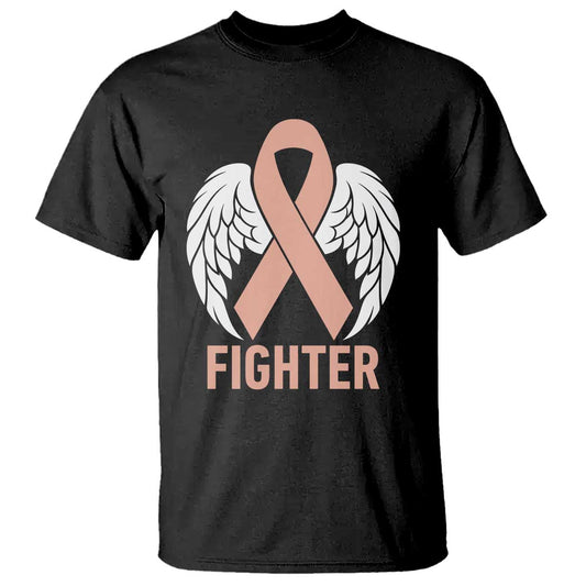 Endometrial Cancer Fighter T Shirt Peach Ribbon Angel Wings Survivor