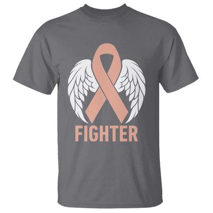 Endometrial Cancer Fighter T Shirt Peach Ribbon Angel Wings Survivor