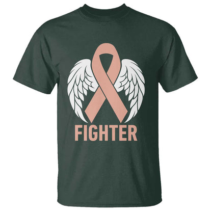 Endometrial Cancer Fighter T Shirt Peach Ribbon Angel Wings Survivor