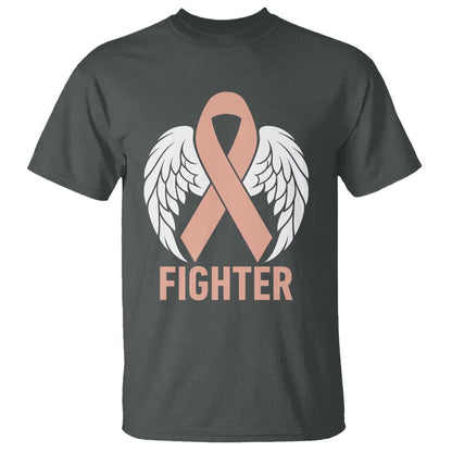 Endometrial Cancer Fighter T Shirt Peach Ribbon Angel Wings Survivor