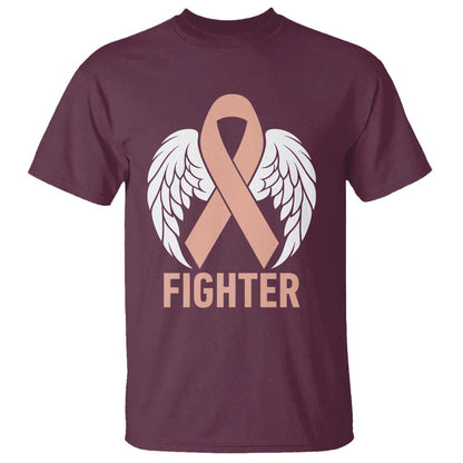 Endometrial Cancer Fighter T Shirt Peach Ribbon Angel Wings Survivor