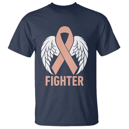 Endometrial Cancer Fighter T Shirt Peach Ribbon Angel Wings Survivor