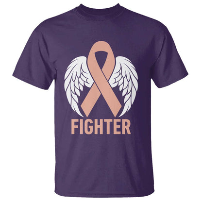 Endometrial Cancer Fighter T Shirt Peach Ribbon Angel Wings Survivor