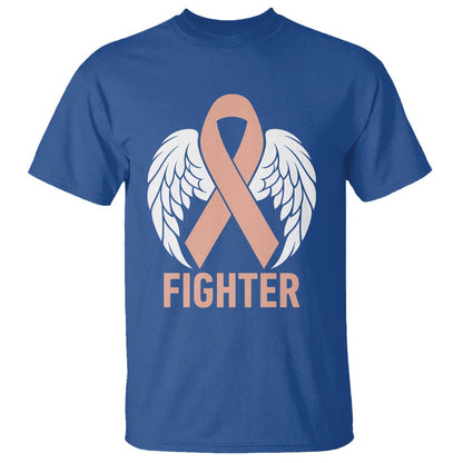 Endometrial Cancer Fighter T Shirt Peach Ribbon Angel Wings Survivor