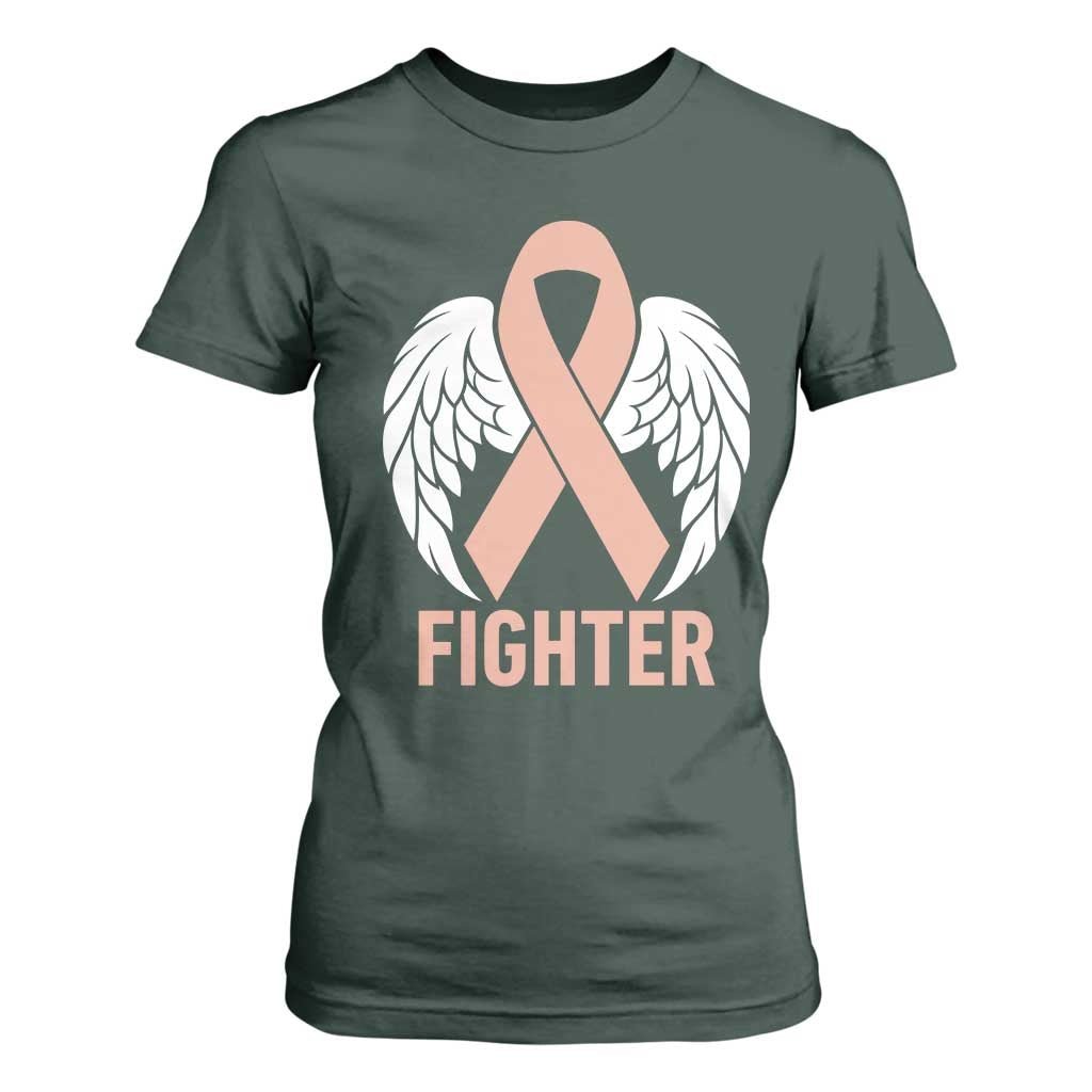 Endometrial Cancer Fighter T Shirt For Women Peach Ribbon Angel Wings Survivor