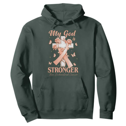 My God Is Stronger Than Endometrial Cancer Hoodie Christian Peach Ribbon