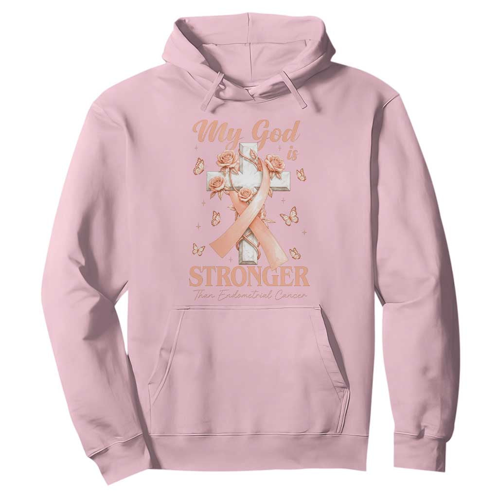 My God Is Stronger Than Endometrial Cancer Hoodie Christian Peach Ribbon