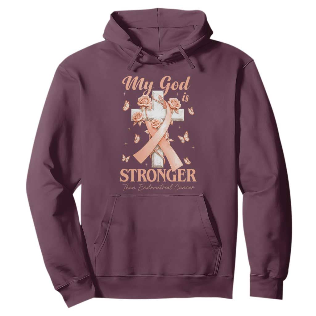 My God Is Stronger Than Endometrial Cancer Hoodie Christian Peach Ribbon