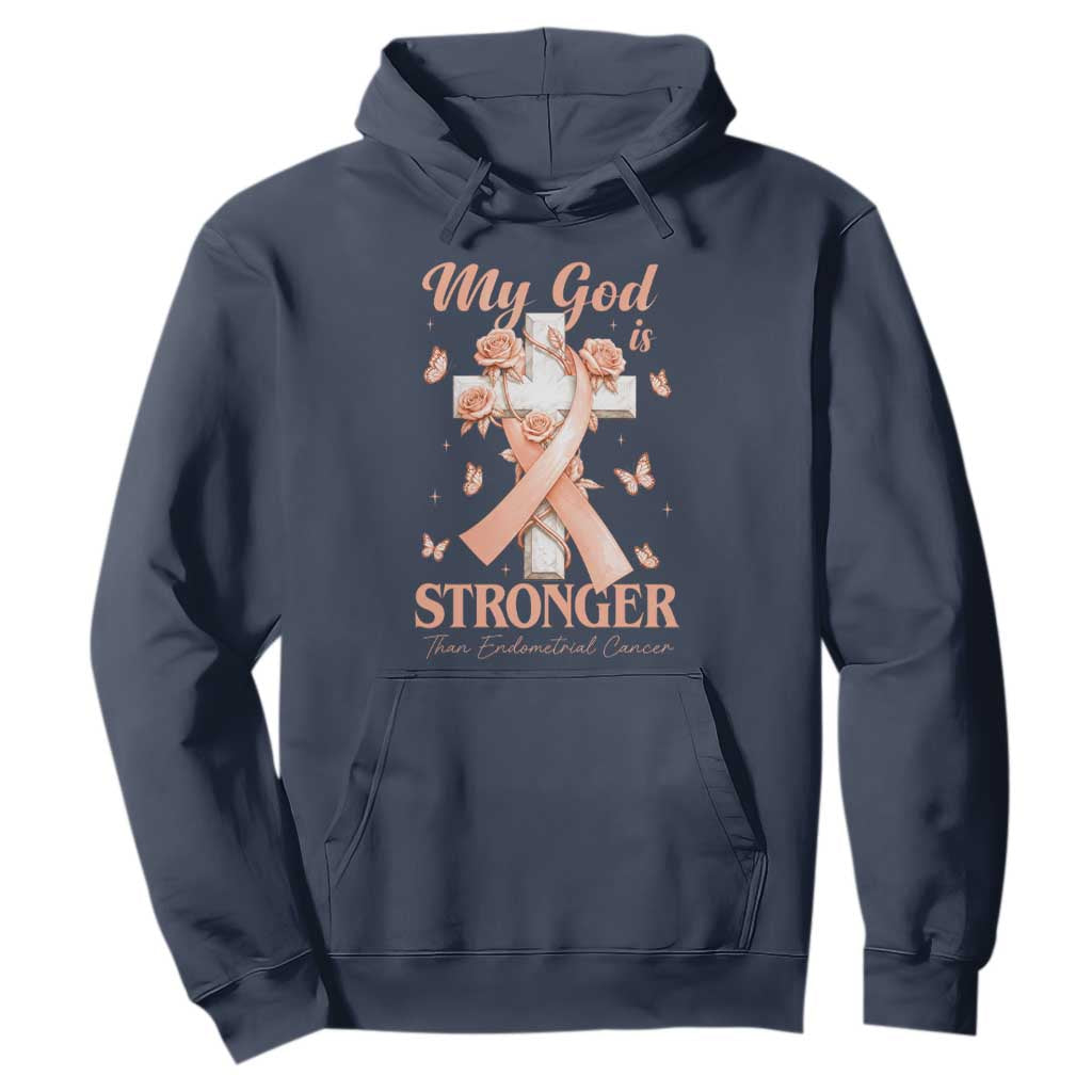 My God Is Stronger Than Endometrial Cancer Hoodie Christian Peach Ribbon