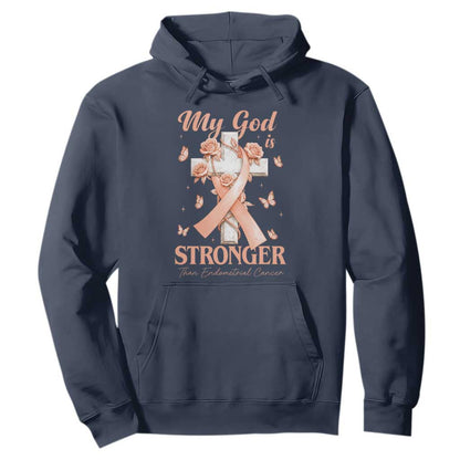 My God Is Stronger Than Endometrial Cancer Hoodie Christian Peach Ribbon