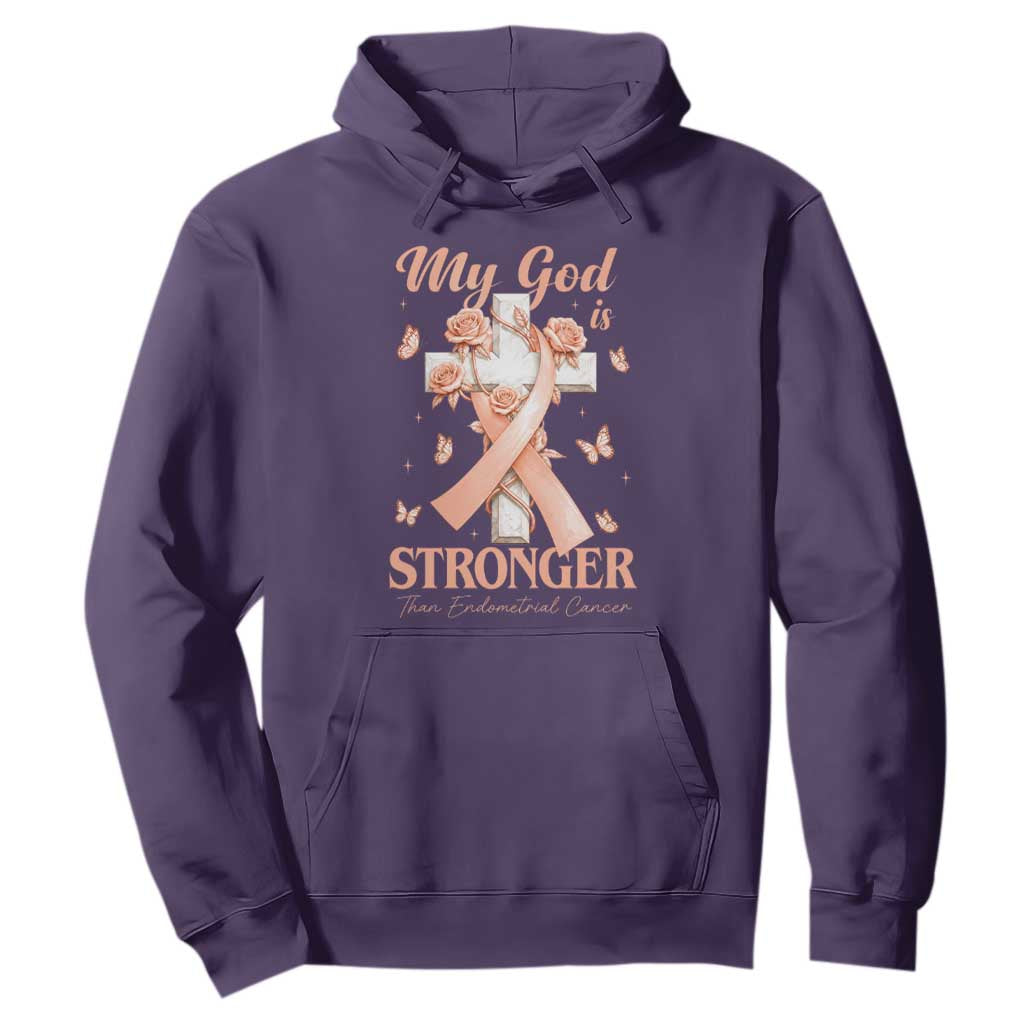 My God Is Stronger Than Endometrial Cancer Hoodie Christian Peach Ribbon