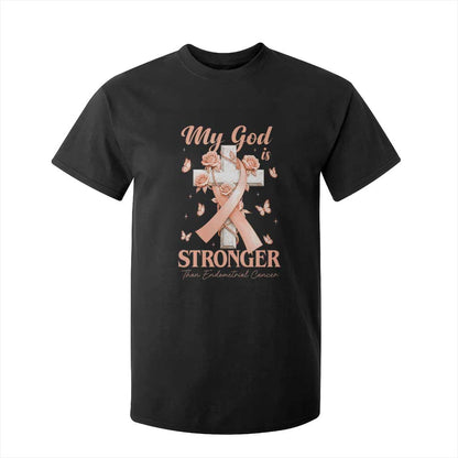 My God Is Stronger Than Endometrial Cancer T Shirt For Kid Christian Peach Ribbon