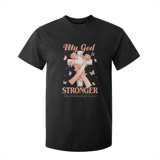 My God Is Stronger Than Endometrial Cancer T Shirt For Kid Christian Peach Ribbon