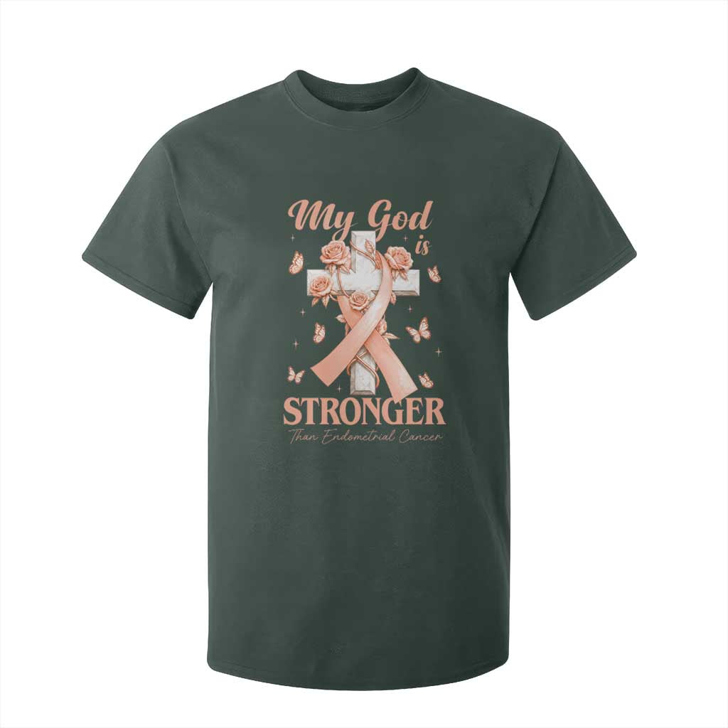 My God Is Stronger Than Endometrial Cancer T Shirt For Kid Christian Peach Ribbon