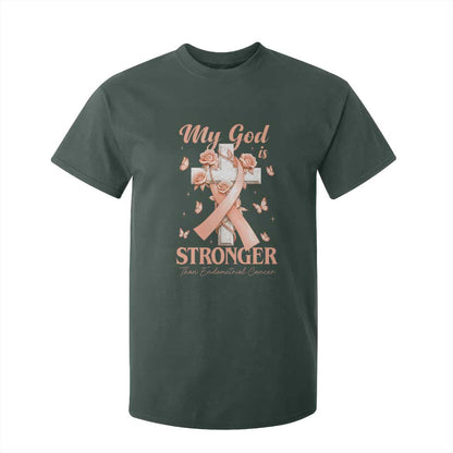 My God Is Stronger Than Endometrial Cancer T Shirt For Kid Christian Peach Ribbon