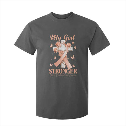 My God Is Stronger Than Endometrial Cancer T Shirt For Kid Christian Peach Ribbon