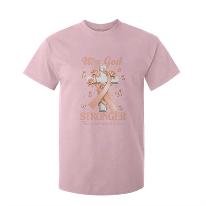 My God Is Stronger Than Endometrial Cancer T Shirt For Kid Christian Peach Ribbon