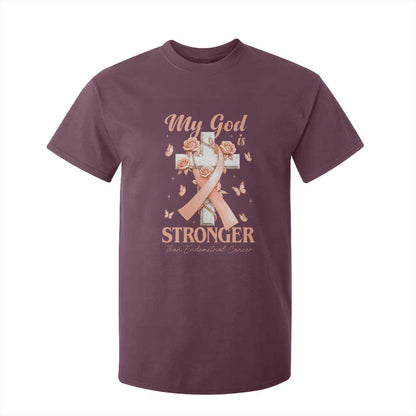 My God Is Stronger Than Endometrial Cancer T Shirt For Kid Christian Peach Ribbon