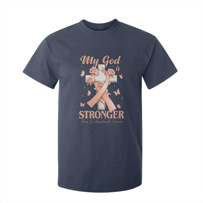 My God Is Stronger Than Endometrial Cancer T Shirt For Kid Christian Peach Ribbon