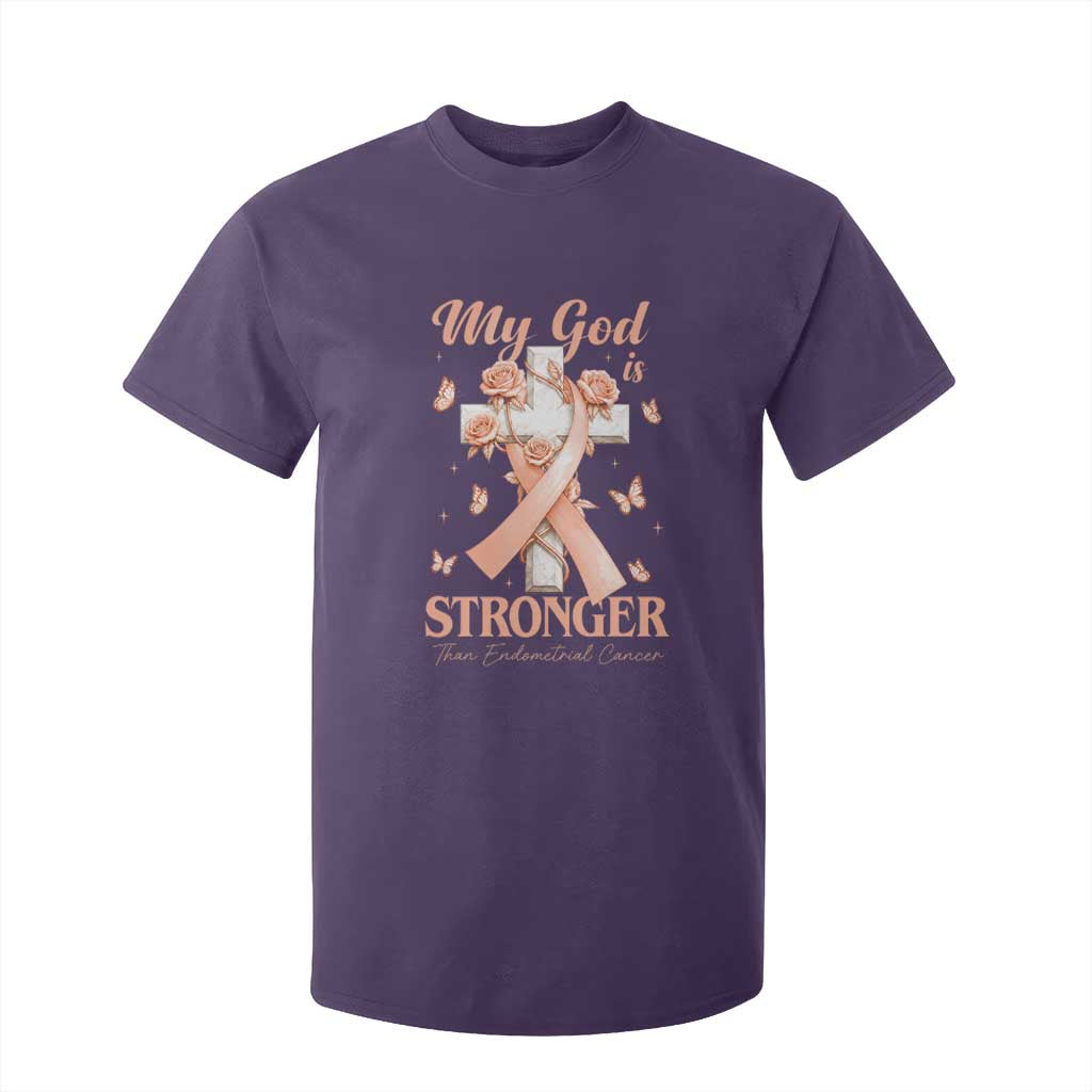 My God Is Stronger Than Endometrial Cancer T Shirt For Kid Christian Peach Ribbon