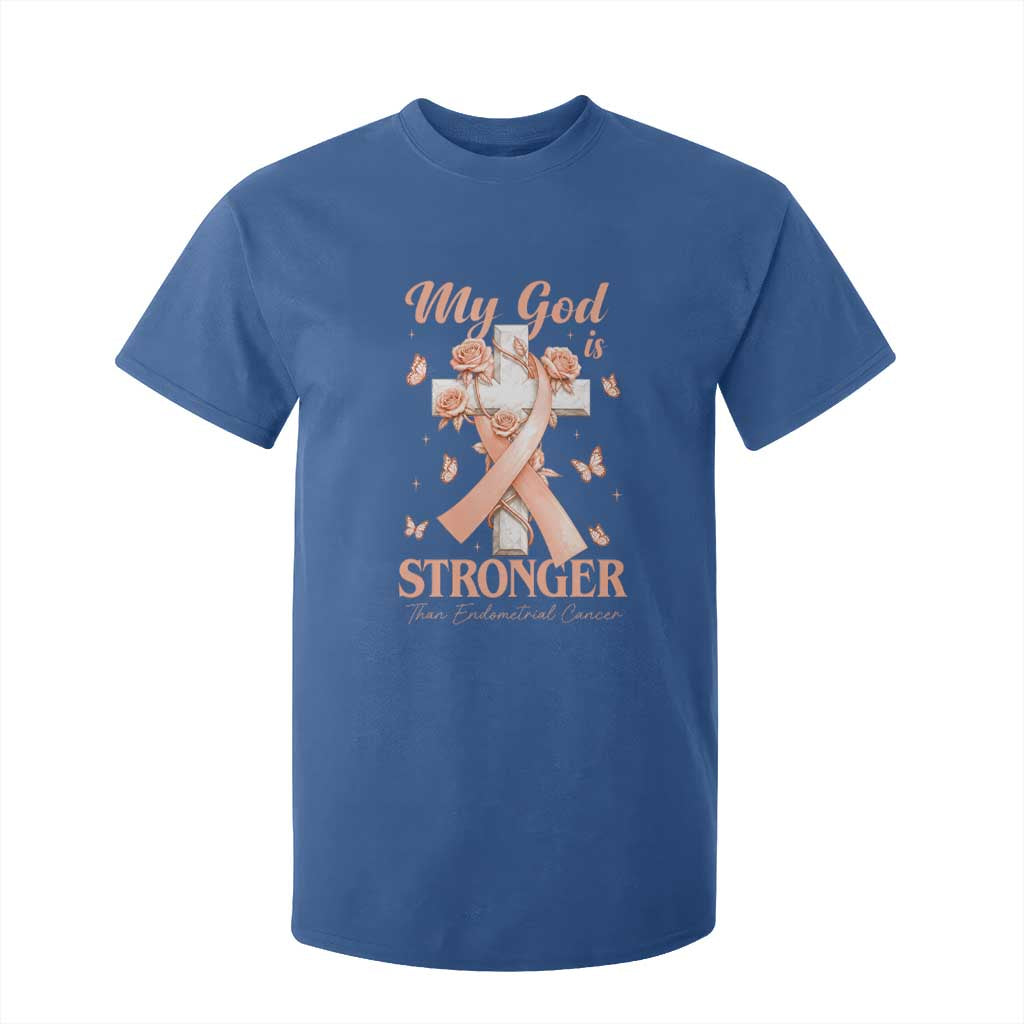 My God Is Stronger Than Endometrial Cancer T Shirt For Kid Christian Peach Ribbon