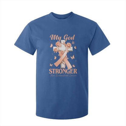My God Is Stronger Than Endometrial Cancer T Shirt For Kid Christian Peach Ribbon