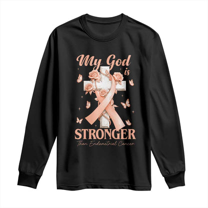 My God Is Stronger Than Endometrial Cancer Long Sleeve Shirt Christian Peach Ribbon